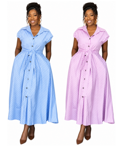 Elegant Striped Belted Shirt Maxi Dress