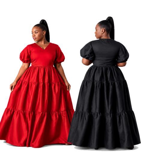 Elegant Puff Sleeve Tiered Maxi Dress