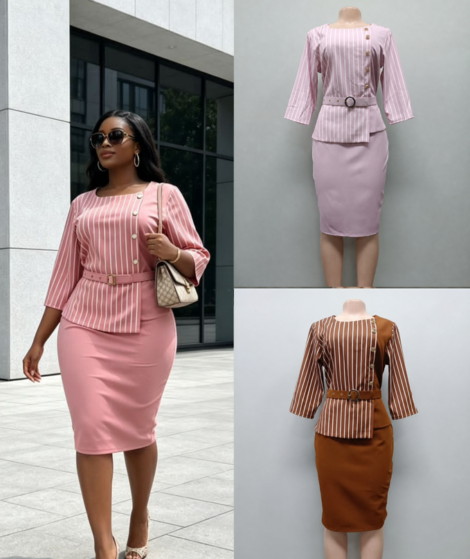 Elegance Stripe Belted Pencil Dress