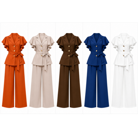 Elegant Ruffle Sleeve Belted Two-Piece Set