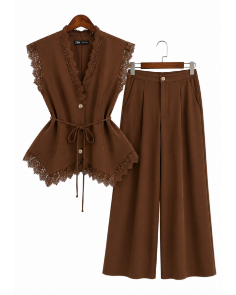 Lace Trim Waist-Tie Wide-Leg Pants Set